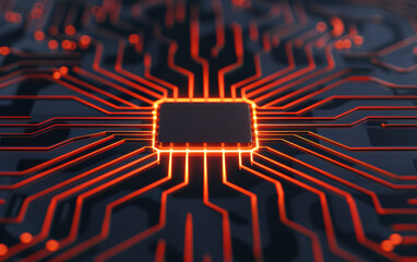 Poster - An intricate close-up of a glowing CPU with red circuits showcasing advanced technology and inner workings of a computer motherboard.