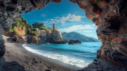 Wall Mural - Beautiful view of S seinana beach with church in the Italian riviera through an archway. Beautiful blue sea and sky. Sunlight. A small town on top of cliff, surrounded by lush greenery, overlooking az