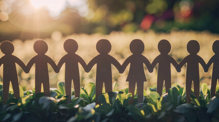 Poster - Paper cutout figures representing unity and community standing together on a lush green background with sunlight, symbolizing teamwork and harmony.