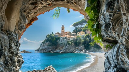 Wall Mural - Beautiful view of S seinana beach with church in the Italian riviera through an archway. Beautiful blue sea and sky. Sunlight. A small town on top of cliff, surrounded by lush greenery, overlooking az