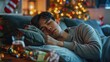© chutikan - Asian man are very drunk and sleeping on the couch after the party ended. concept of Xmas party, Christmas party and New year party celebration