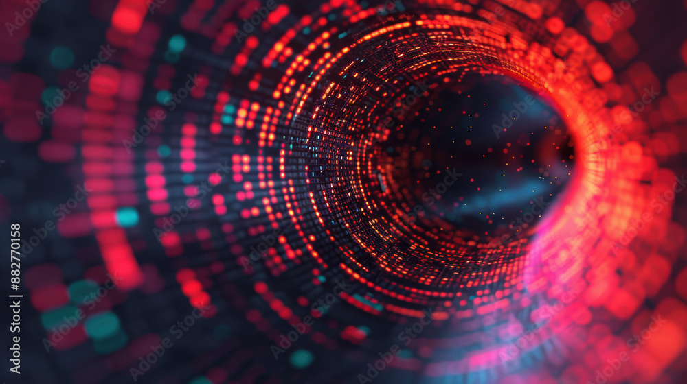 Abstract digital vortex with glowing red and blue particles, creating a ...