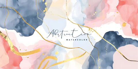 Wall Mural - watercolor art background vector. wallpaper design with paint brush and gold line art. earth tone bl