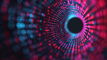 Poster - Colorful abstract vortex filled with vibrant blue and pink digital dots, creating a dynamic, futuristic tunnel effect.