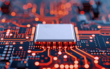 Poster - High-tech closeup of a computer microchip on a circuit board, illuminated by glowing red traces, representing advanced technology.