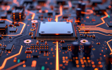 Poster - Close-up of a computer motherboard with glowing circuits and a central processor unit (CPU). High-tech, futuristic technology concept with focus on electronics.