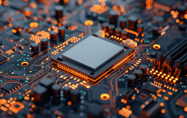 Poster - Close-up of a modern computer microchip on a motherboard, showcasing intricate circuitry and technology components with orange highlights.