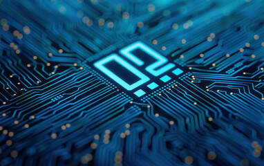 Poster - Close-up of a blue digital microchip with intricate circuit lines, representing advanced technology, innovation, and electronic hardware components.