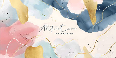 Wall Mural - watercolor art background vector. wallpaper design with paint brush and gold line art. earth tone bl