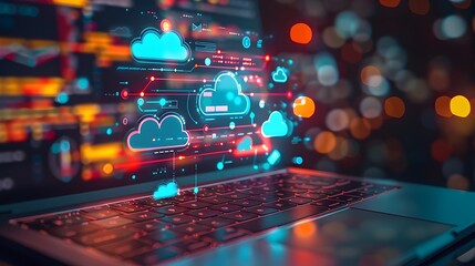 Poster - cloud based software icons floating around laptop screen representing applications and cloud computi