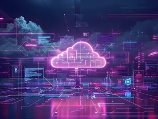 Poster - futuristic digital workspace with virtual desktops showcasing remote work solutions in cloud computi