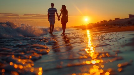 Canvas Print - Couple Holding Hands Walking on Beach at Sunset with Crashing Waves in Background