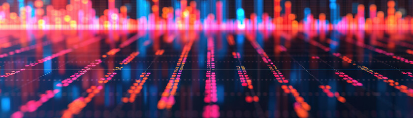 Poster - Colorful abstract visualization of data on a digital grid, resembling a futuristic financial or technological landscape.