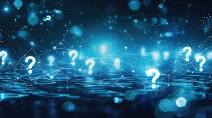 Poster - White question marks float on a digital sea of interconnected data, surrounded by a blurry, blue background