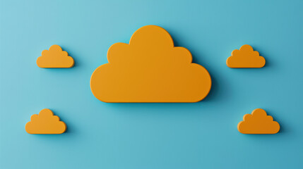 Poster - Bright orange cloud icons against a blue background, symbolizing data storage and technology in a vibrant and modern design.