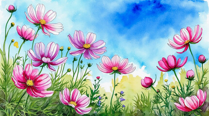 Wall Mural - Watercolor painting, cosmos flowers on a blue sky background.