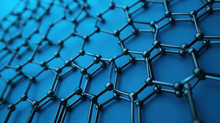 Poster - A close-up view of a complex molecular structure with blue hexagonal patterns, illustrating science, technology, and nanotechnology concepts.