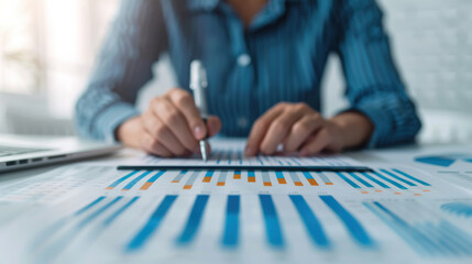 Poster - Focused business professional analyzing financial data and charts, creating reports in a modern office setting, close-up view.