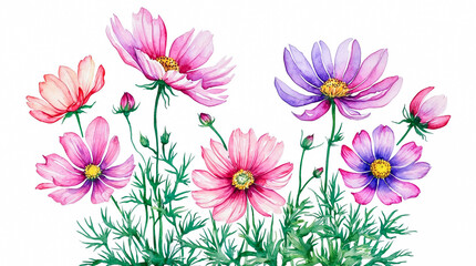 Wall Mural - Watercolor image, cosmos flowers on a white background.