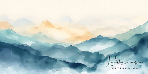 mountain landscape background vector. Oriental Luxury landscape background design with watercolor brush texture. Wallpaper design, Wall art for home decor and prints.