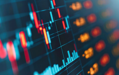 Poster - close-up of stock market data on a digital screen showing fluctuating graphs and charts, indicating 