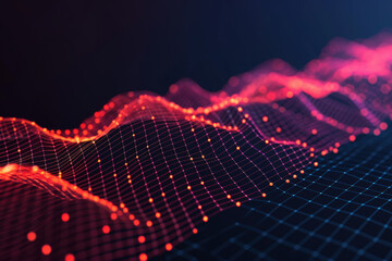 Poster - Abstract digital landscape with glowing red and orange particles forming a  grid, representing data, technology, and futuristic concepts.