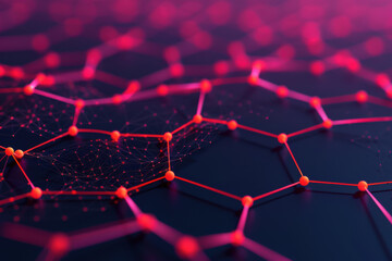 Poster - Abstract geometric network featuring interconnected red nodes on a dark background, representing digital technology and data connections.