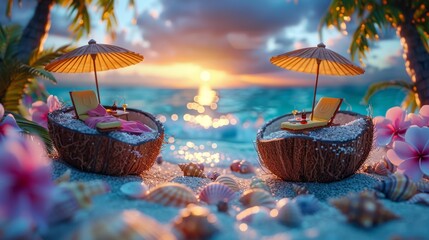 Wall Mural - Miniature coconut beach chairs at sunset - generative ai