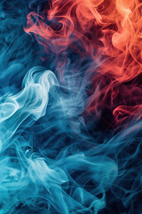Poster - Abstract image of swirling blue and red smoke. Dynamic shapes and vibrant colors create a captivating visual contrast, ideal for creative design projects.