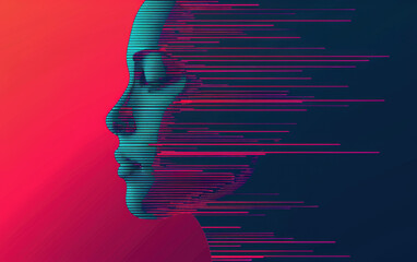 Poster - Digital abstract art of a human face with glitch effect and vibrant colors, symbolizing technology and modern digital transformations.