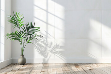 Poster - White tile wall mockup with wooden floor and plant in vase on white background. Abstract interior design template for product presentation, mock up concept. Minimal style