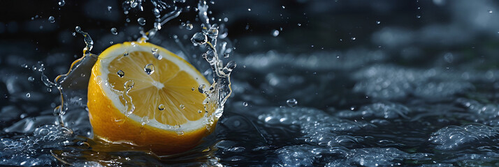 Poster - Fresh lemon splashing in water on dark background