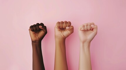 fighting for women rights, women hands making fist sign fighting for they rights on pink background