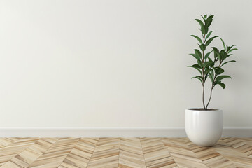 Poster - White tile wall mockup with wooden floor and plant in vase on white background. minimalistic interior design of modern home entryway. 3d rendering, empty space for product presentation