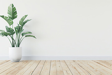 Poster - Empty white wall mockup with wooden floor and plant in vase, white ceramic tile background for product display presentation, interior design of modern home office.