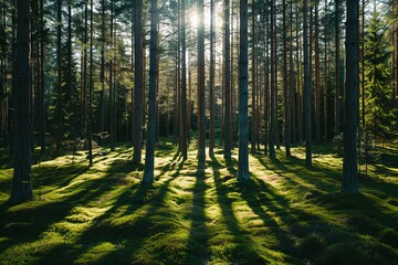 Wall Mural - Dense Pine Forest in Sweden with Tall Trees and Moss-Covered Ground, Sunlight Casting Long Shadows on Open Clearing, Eye-Level Shot with Wide-Angle Lens