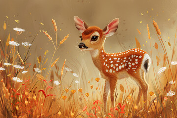 Poster - A cute deer standing in an autumnal meadow, surrounded by golden and orange foliage, rendered in a simple, flat illustration style with warm tones