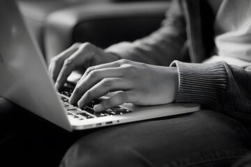 Wall Mural - Focused Typing on a Laptop in Black and White