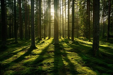  Dense Pine Forest in Sweden with Tall Trees and Moss-Covered Ground, Sunlight Casting Long Shadows on Open Clearing, Eye-Level Shot with Wide-Angle Lens