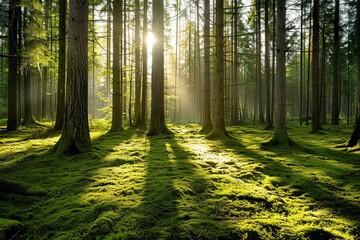 Wall Mural - Dense Pine Forest in Sweden with Tall Trees and Moss-Covered Ground, Sunlight Casting Long Shadows on Open Clearing, Eye-Level Shot with Wide-Angle Lens