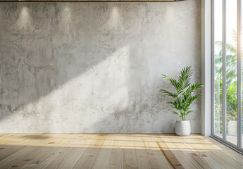 Poster - A large wall with gray wallpaper, wooden floors and ceiling, with light-colored wood flooring