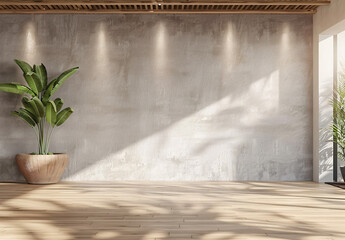 Poster - A large wall with gray wallpaper, wooden floors and ceiling, with light-colored wood flooring