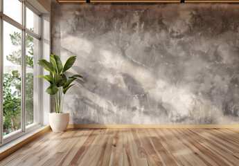 Poster - A large wall with gray wallpaper, wooden floors and ceiling, with light-colored wood flooring