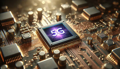 Poster - Close up view of a cutting edge 5G microchip on a complex computer circuit board showcasing the latest advancements in digital technology