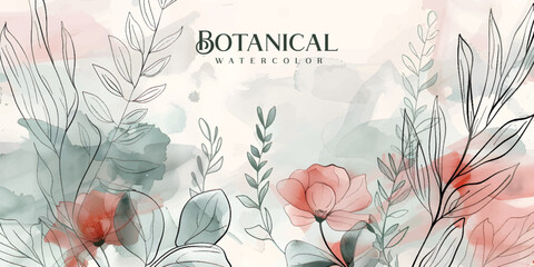 Wall Mural - floral hand drawn background. botanical line art wallpaper with flowers, branches and leaves. design