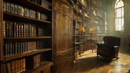 Poster - Ornate Bookshelves Filled With Books In A Large Library Generative AI