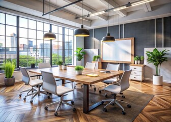 Empty modern office space with large desk, whiteboard, and diverse design tools, symbolizing collaborative process of multicultural skilled students during brainstorming meeting.