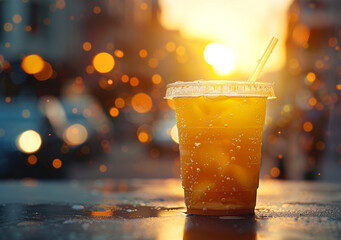 Wall Mural - A plastic cup of iced coffee with a bokeh background in sunlight