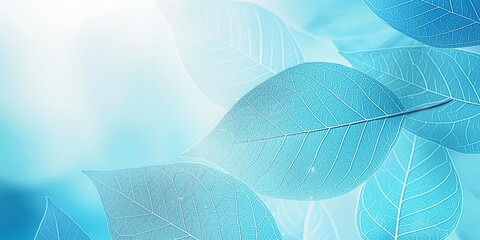 Wall Mural - Blue transparent leaves with intricate veins and soft background nature concept