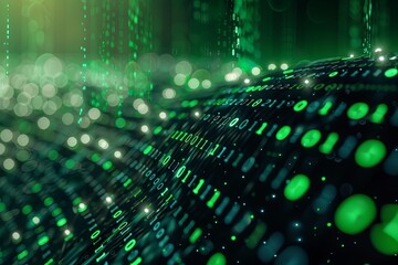 Green dark binary code data streaming background created with Generative AI
